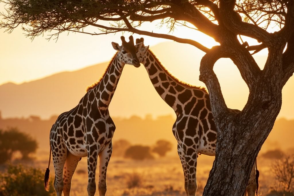 Two Maasai giraffes grazing under an acacia tree at sunset, Arusha National Park, Tanzania.
