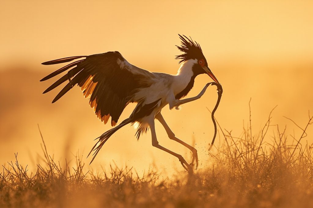 Secretary bird mid-strike on a snake in dry grass, long legs in motion blur.