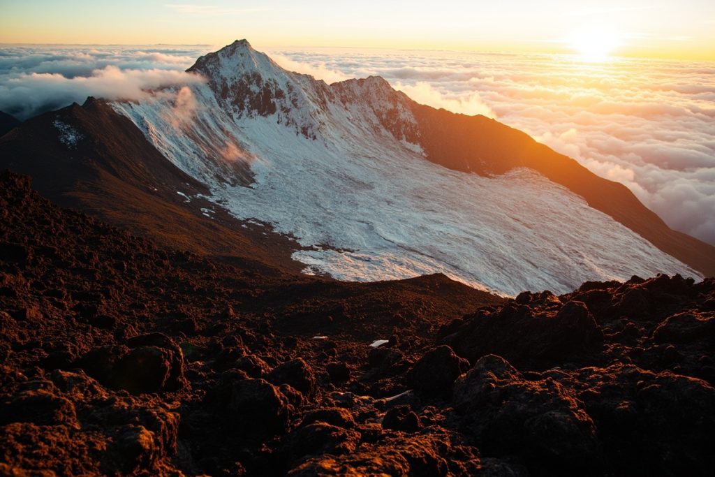High-altitude view of the Kibo glaciers and crater rim of Kilimanjaro at first light.