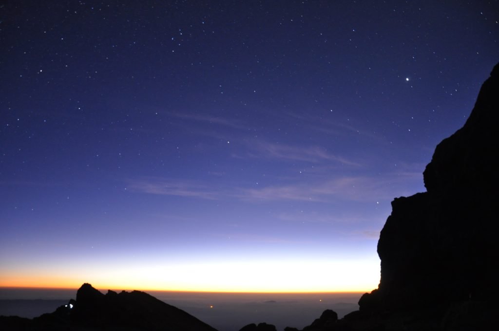 Pre-dawn summit silhouette and starry sky from near Uhuru Peak, Mount Kilimanjaro, Tanzania.