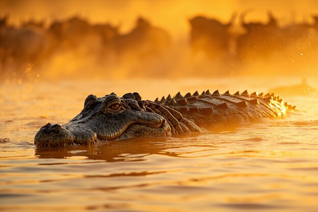 Nile crocodile partly submerged in the Mara River, eyes and ridged back above water.