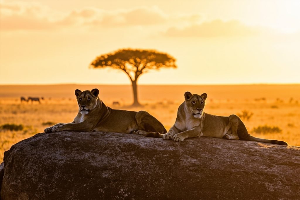 Two lionesses resting on a kopje at sunset overlooking the plains, Mikumi National Park, Tanzania.