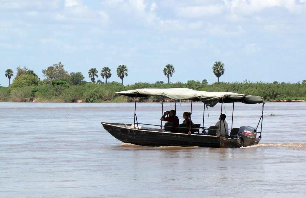 A boat safari on the Rufiji River, Nyerere National Park, Tanzania.