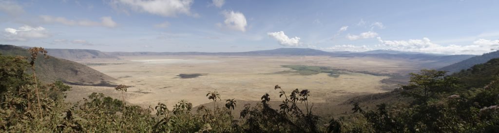 Panoramic view of the Ngorongoro Crater caldera, Tanzania.